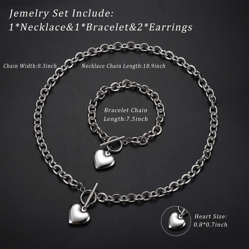 LOYALLOOK 3Sets Heart Pendant Necklace Toggle Chain Heart Bracelet Heart Stud Earrings for Women Stainless Steel Charm Love Heart Jewelry Set for Halloween - Image 4